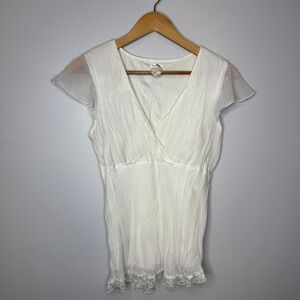 Studio Y White Crinkle Lace Trim Flutter Sleeve Empire Waist Blouse Y2K Small